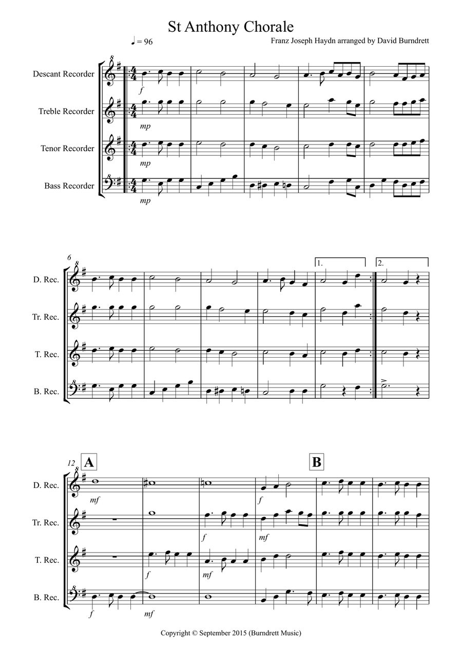 St Anthony Chorale for Recorder Quartet Recorder scores gallery preview page 1