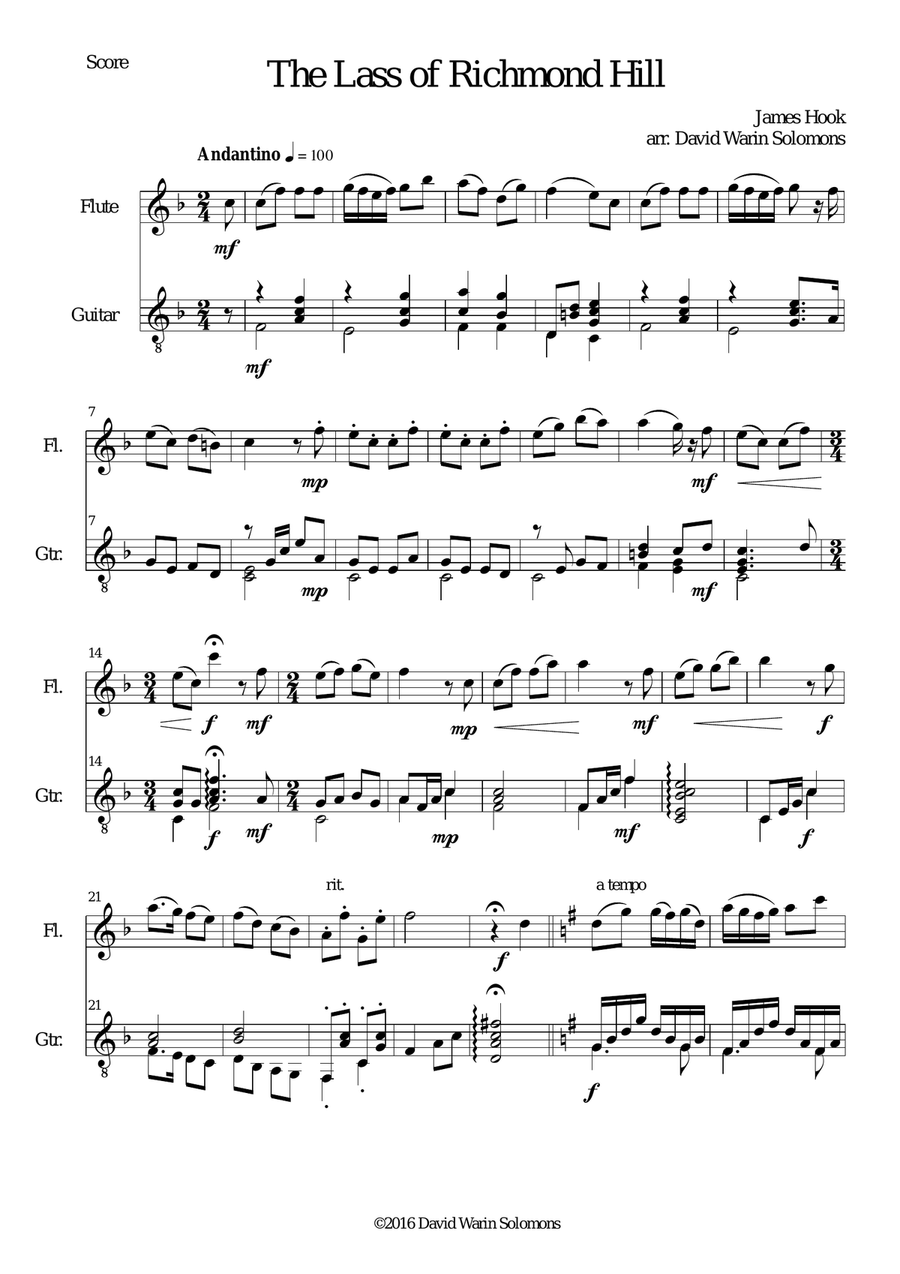 Lass of Richmond Hill for (medium difficulty) flute and guitar Flute scores gallery preview page 1