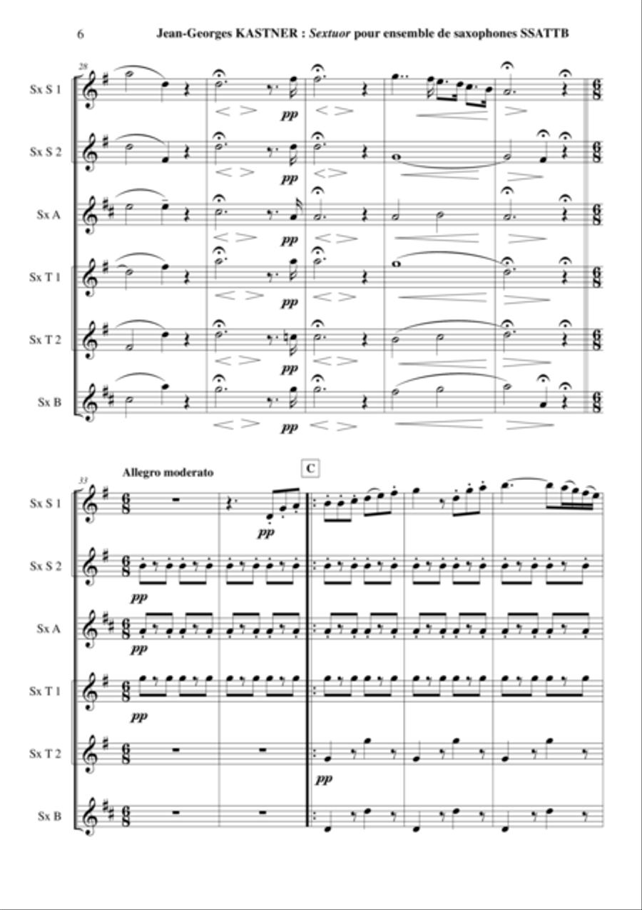Jean-Georges Kastner: Sextuor for SSATTB saxophone ensemble, edited by Paul Wehage (original key of Choir scores gallery preview page 6