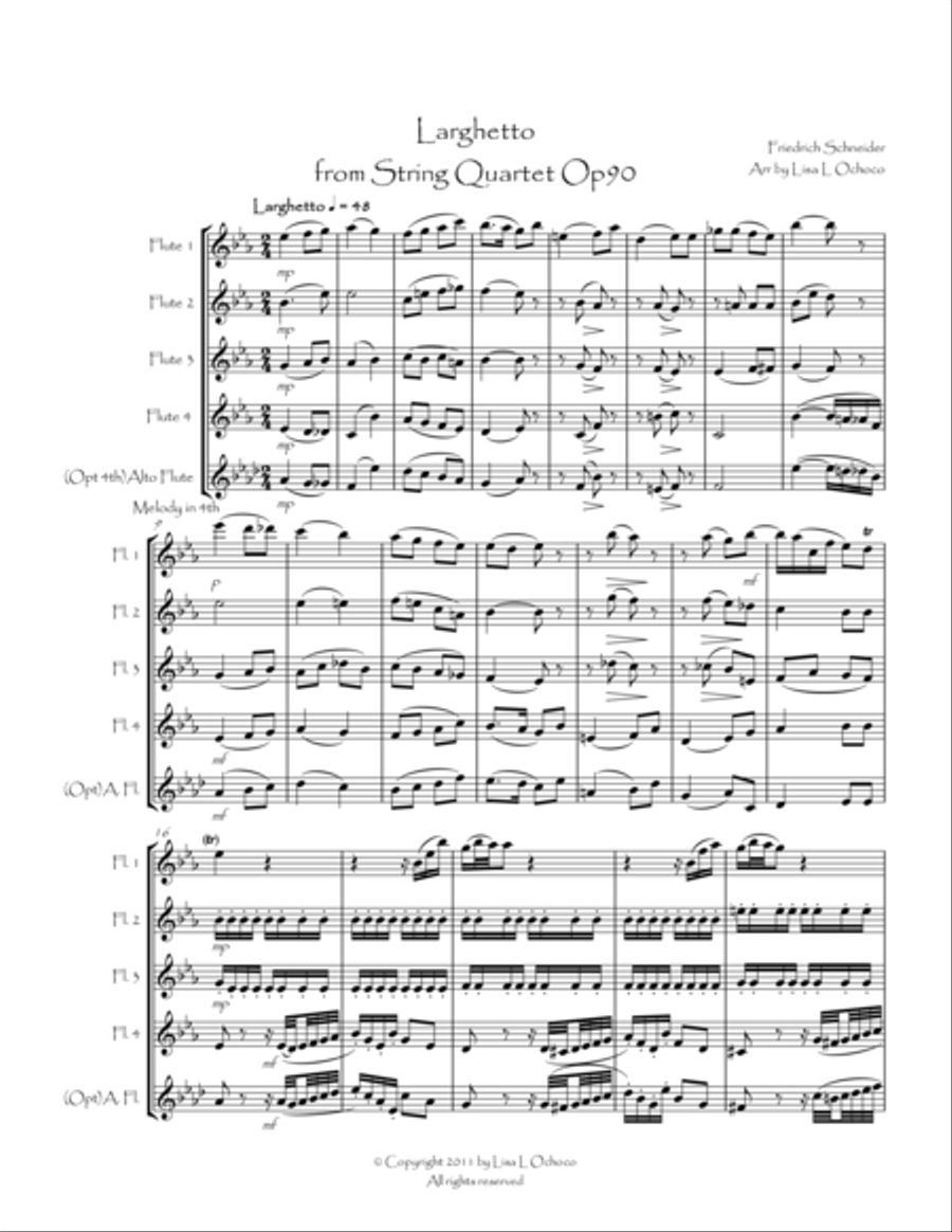 Larghetto from String Quartet Op90 for Flute Quartet Flute Quartet scores gallery preview page 2