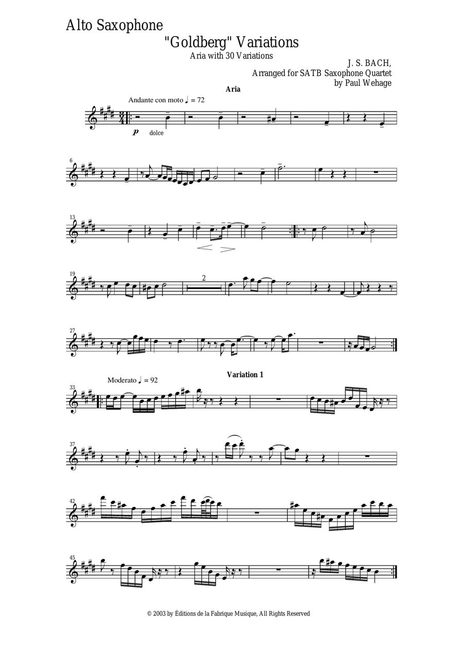 Johann Sebastian Bach/Wehage Goldberg Variations, BWV 988, arranged for SATB saxophone Quartet, alto Saxophone Quartet scores gallery preview page 1