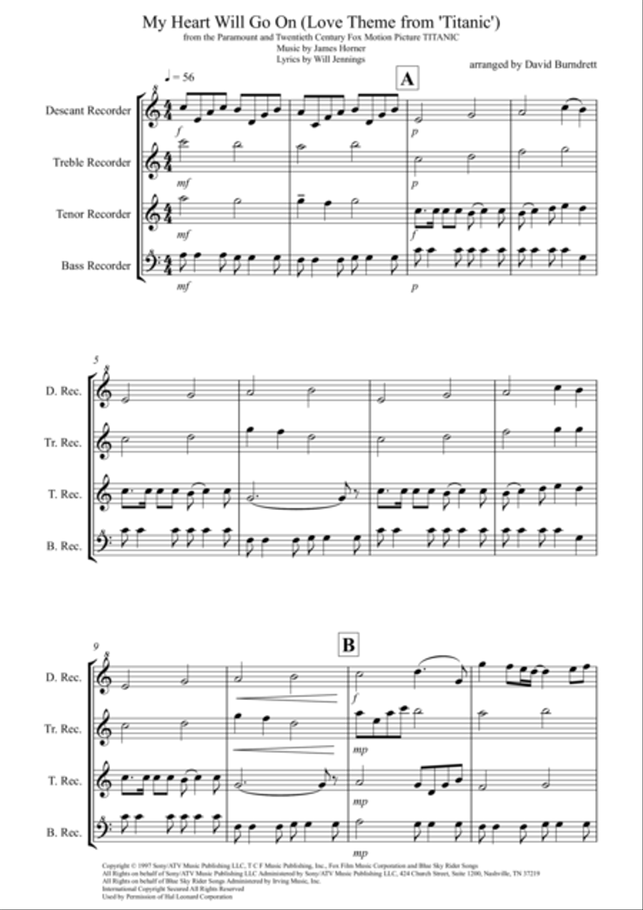 My Heart Will Go On (Love Theme from Titanic) Recorder scores gallery preview page 1