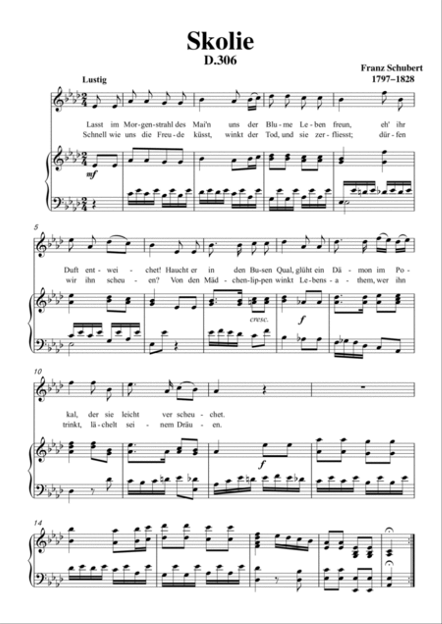 Schubert-Skolie(Skolion;Drinking Song),D.306 in bG for Vocal and Piano Voice scores gallery preview page 2