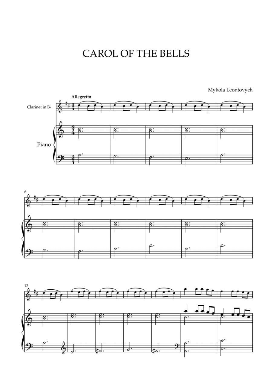 Mykola Leontovych - Carol of The Bells (for Clarinet in Bb and Piano) B-Flat Clarinet scores gallery preview page 1