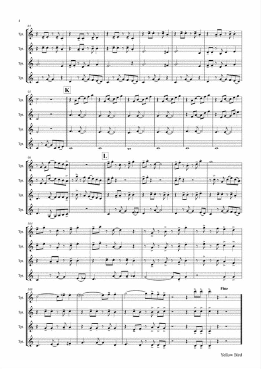 Yellow Bird - Haitian Folk Song - Calypso - Trumpet Quartet Trumpet scores gallery preview page 5