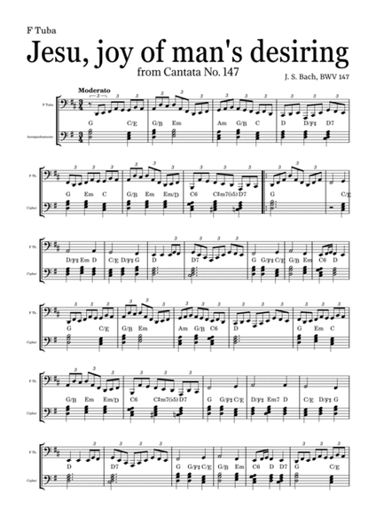 JESU, JOY OF MAN'S DESIRING by Bach - easy version for F Tuba and piano with chords image number null