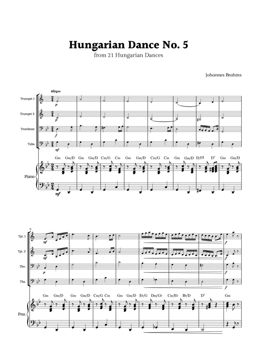 Hungarian Dance No. 5 by Brahms for Brass Quartet and Piano image number null