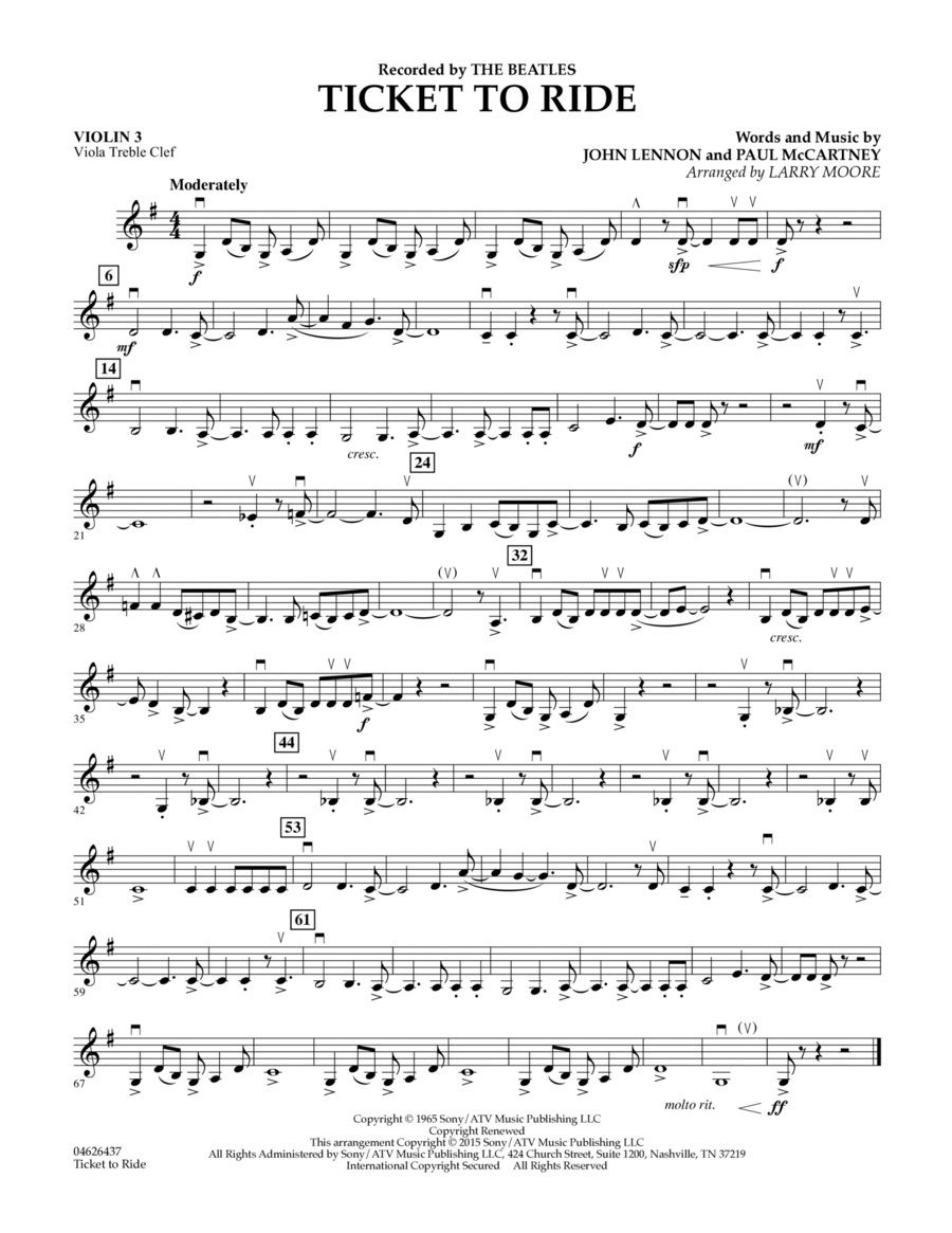 Ticket to Ride - Violin 3 (Viola Treble Clef)