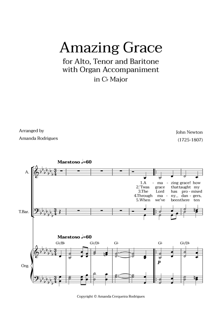 Amazing Grace in Cb Major - Alto, Tenor and Baritone with Organ Accompaniment and Chords image number null