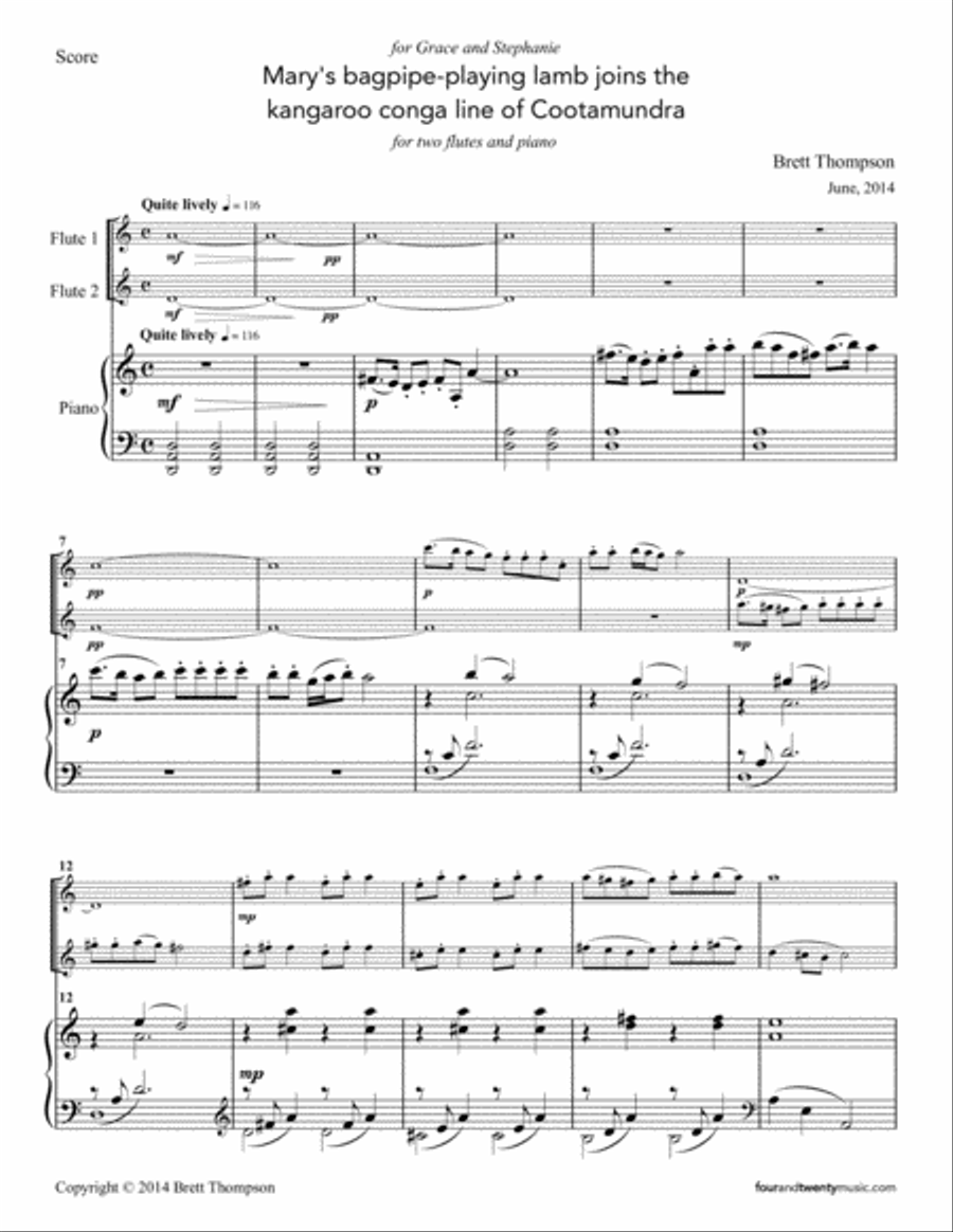 Mary's bagpipe playing lamb joins the kangaroo conga line of Cootamundra, for two flutes and piano Flute Duet scores gallery preview page 3
