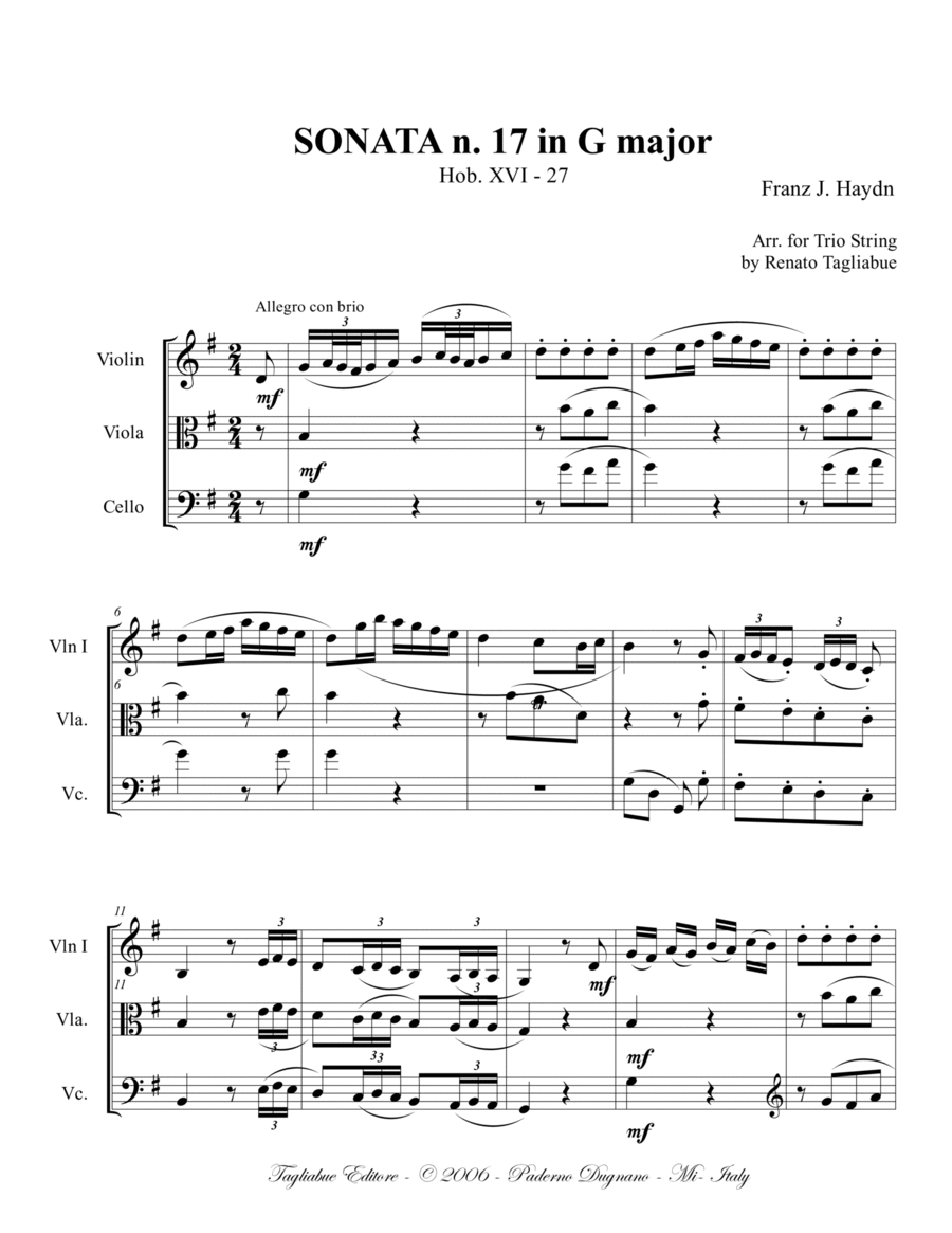 Haydn - SONATA n. 17 in G major - Hob. XVI: 27 String Trio scores gallery preview page 1