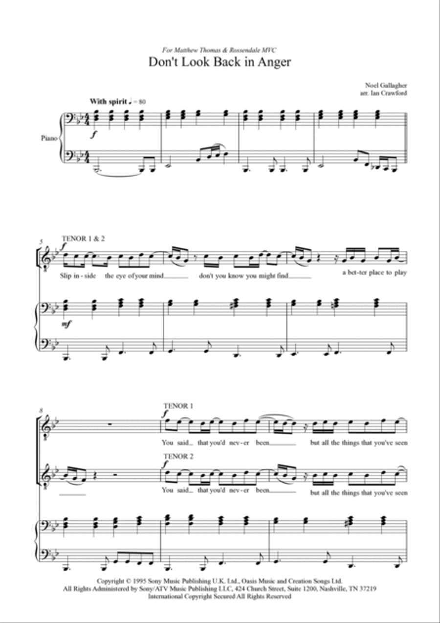 Don't Look Back In Anger TTBB scores gallery preview page 2