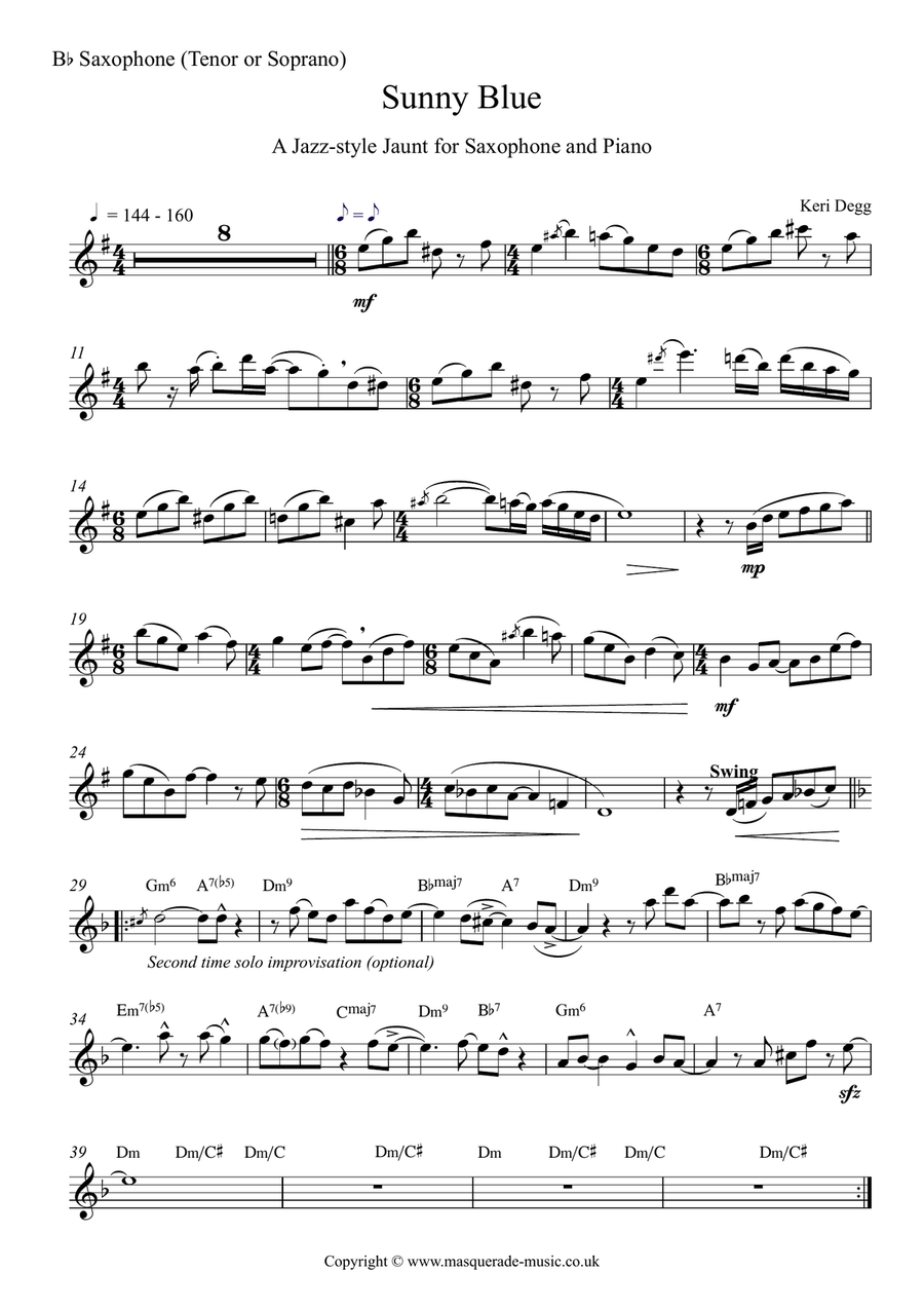 Sunny Blue - A Jazz Style Jaunt for Eb or Bb Saxophone and Piano (improvisation optional, or use sol Alto Saxophone scores gallery preview page 5