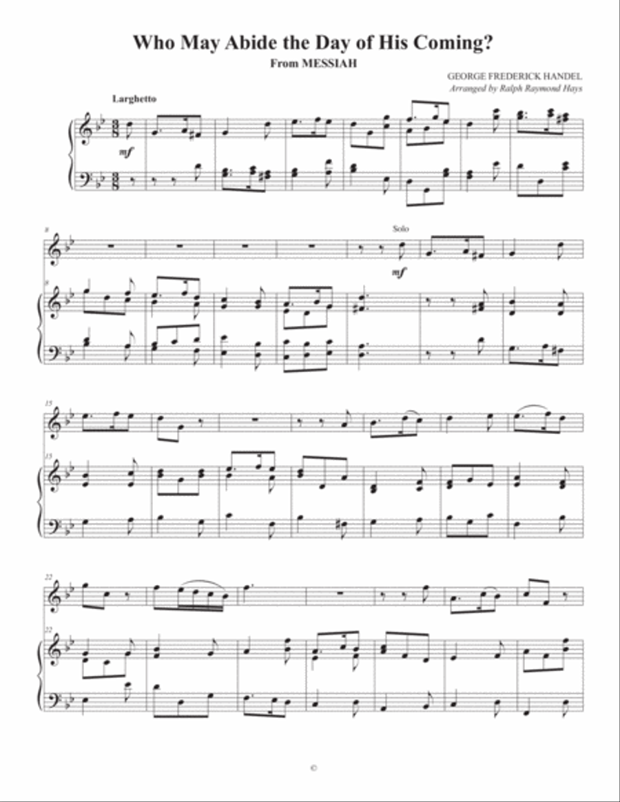 Who May Abide the Day of His Coming? from MESSIAH (for solo instrument and piano) Handbell Choir scores gallery preview page 2