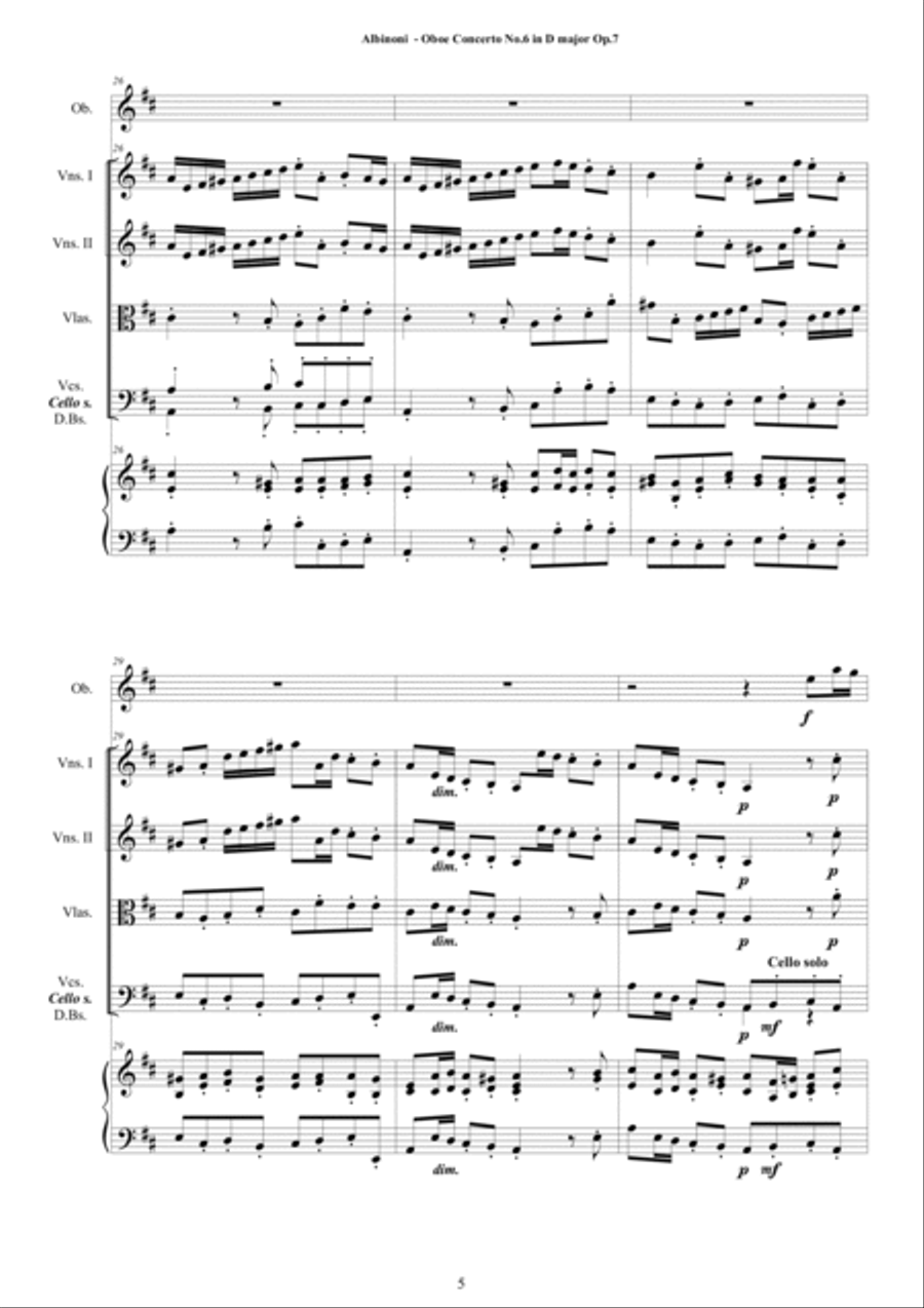 Albinoni - Oboe Concerto No.6 in D major Op.7 for Oboe, Strings and Cembalo Chamber Orchestra scores gallery preview page 5