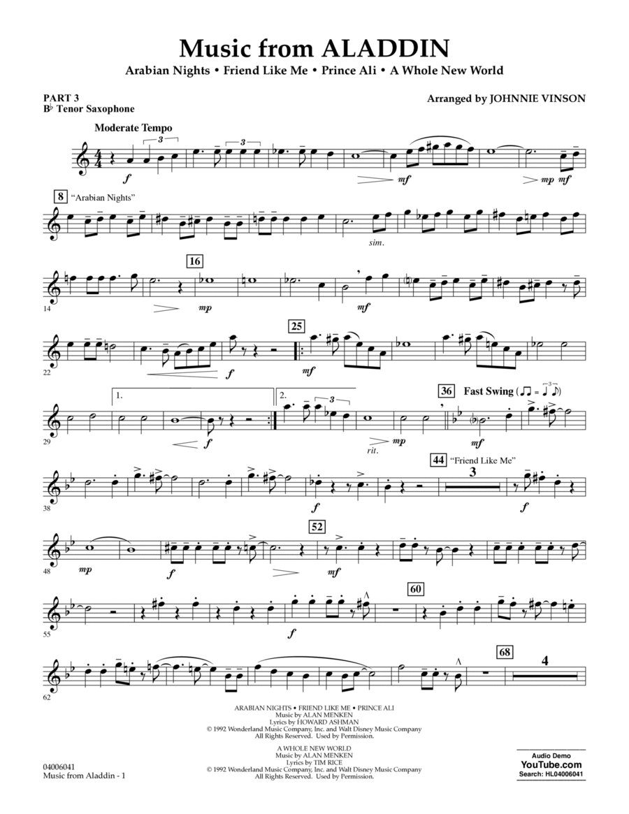 Music from Aladdin (arr. Johnnie Vinson) - Pt.3 - Bb Tenor Saxophone