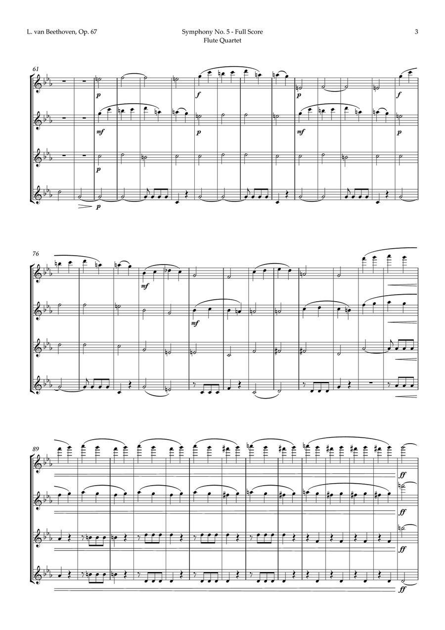 Symphony No. 5 by Beethoven for Flute Quartet Flute Quartet scores gallery preview page 4