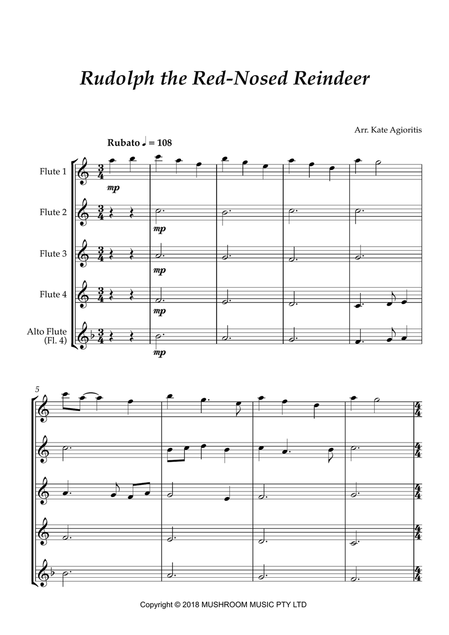 Rudolph The Red-nosed Reindeer Flute Quartet scores gallery preview page 2