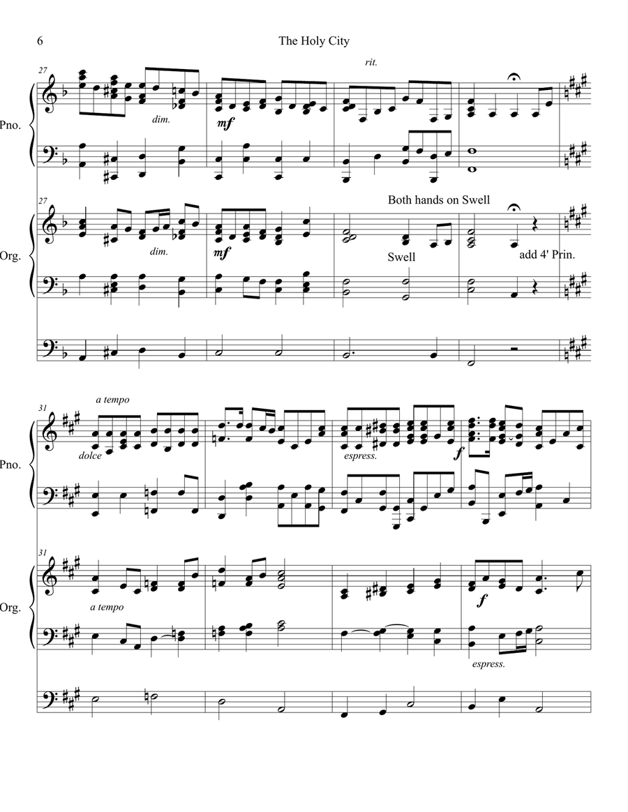 The Holy City Piano Organ Duet Advanced Piano, Vocal scores gallery preview page 6