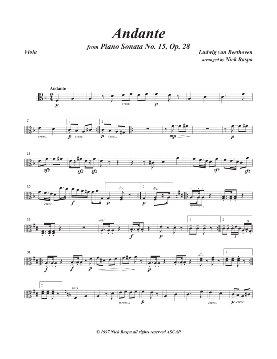 Andante from Piano Sonata 15 arranged for string orchestra (Viola part) String Orchestra scores gallery preview page 1