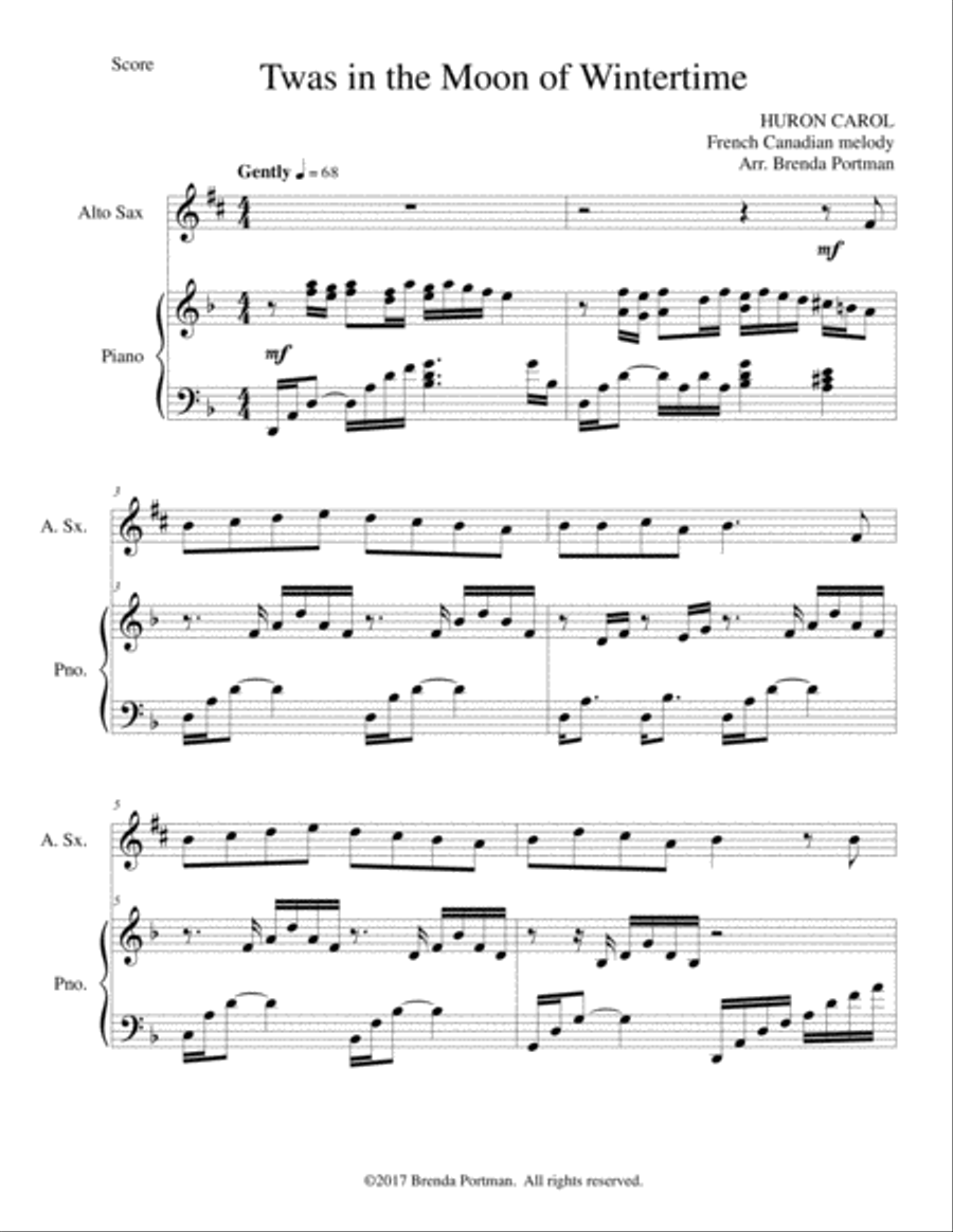 Twas in the Moon of Wintertime/The Huron Carol (alto sax/piano), arr. Brenda Portman Alto Saxophone scores gallery preview page 1