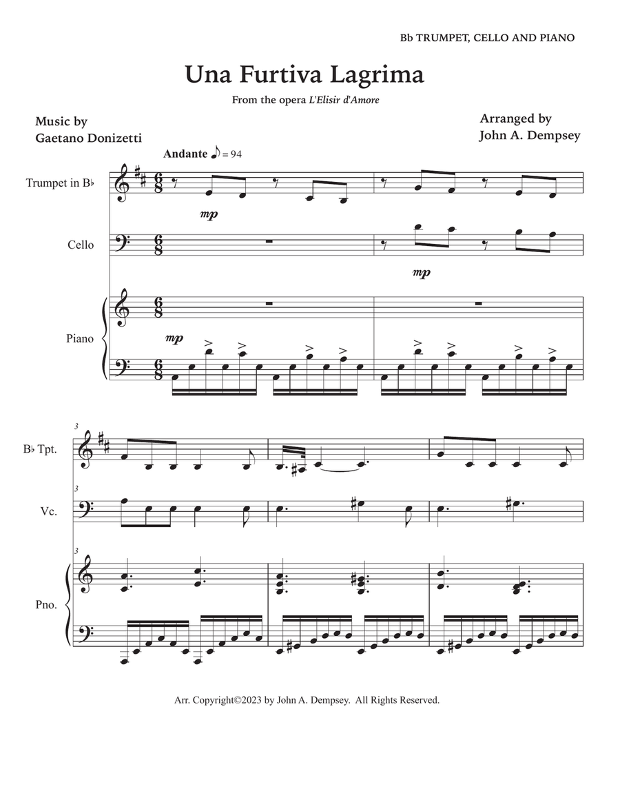 Una Furtiva Lagrima (One Furtive Tear): Trio for Trumpet, Cello and Piano Trumpet Trio scores gallery preview page 5