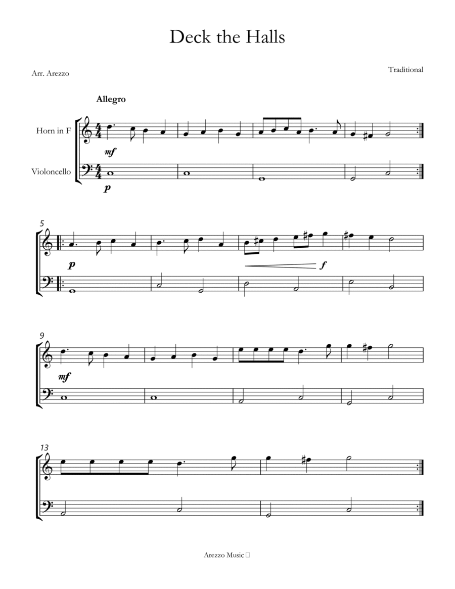 deck the halls easy French Horn and Cello sheet music Horn scores gallery preview page 1