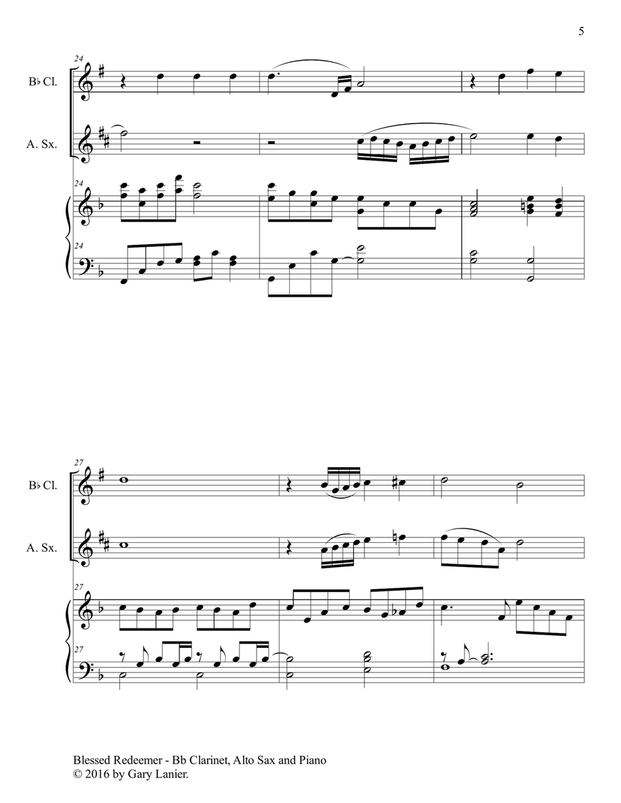 BLESSED REDEEMER(Trio – Bb Clarinet, Alto Sax & Piano with Score/Parts) Woodwind Duet scores gallery preview page 6