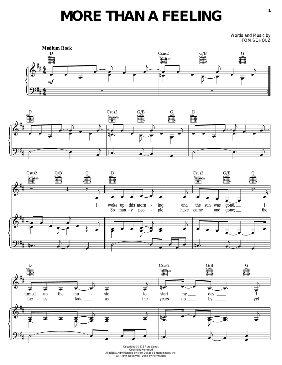 More Than A Feeling Piano, Vocal, Guitar scores gallery preview page 1