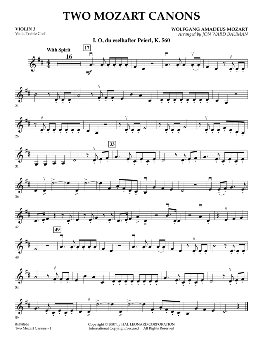 Two Mozart Canons - Violin 3 (Viola Treble Clef)