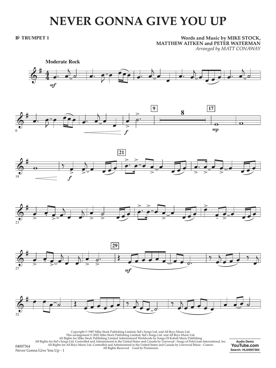 Never Gonna Give You Up (arr. Matt Conaway) - Bb Trumpet 1 Concert Band scores gallery preview page 1