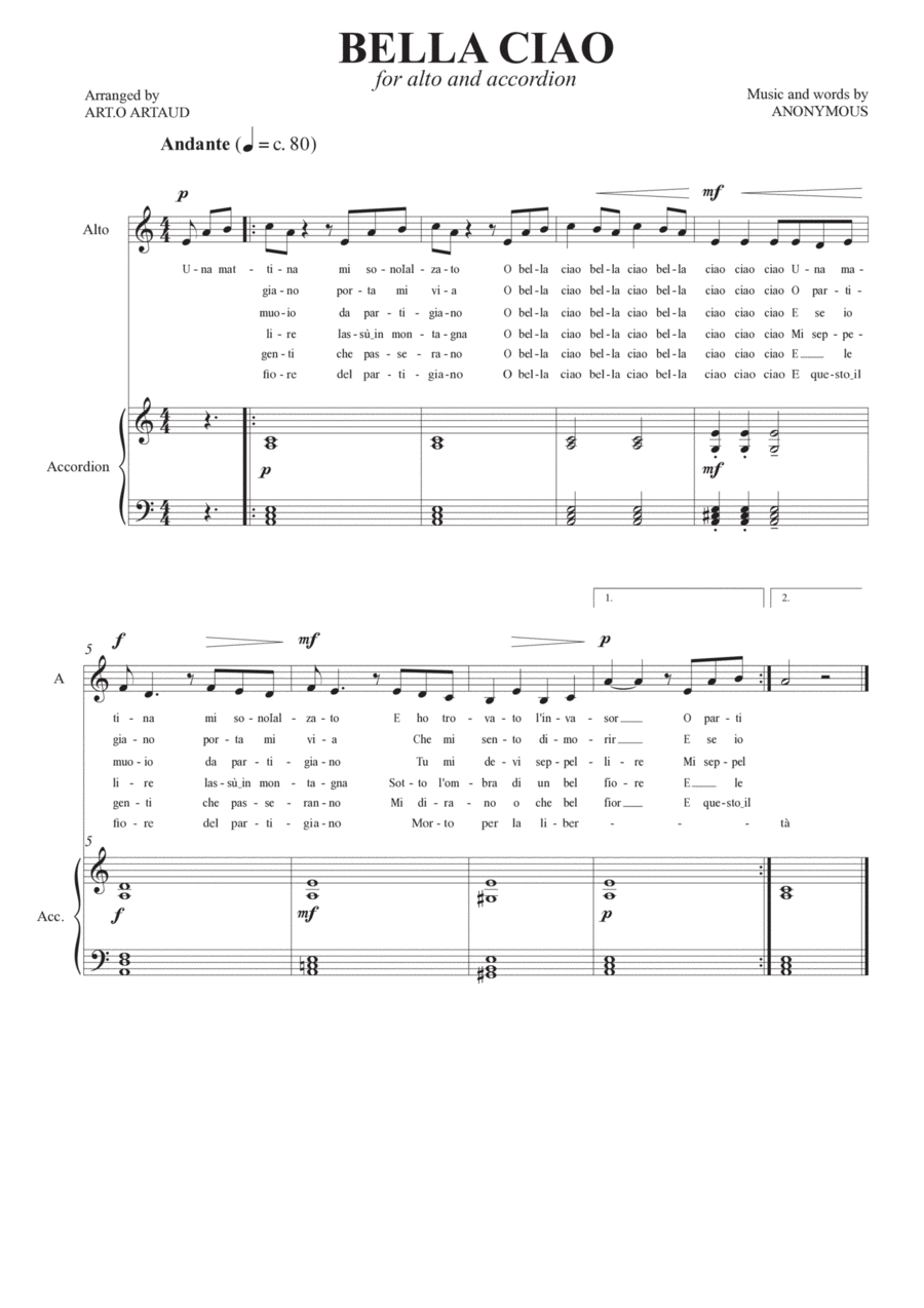 Bella Ciao Alto Voice scores gallery preview page 1