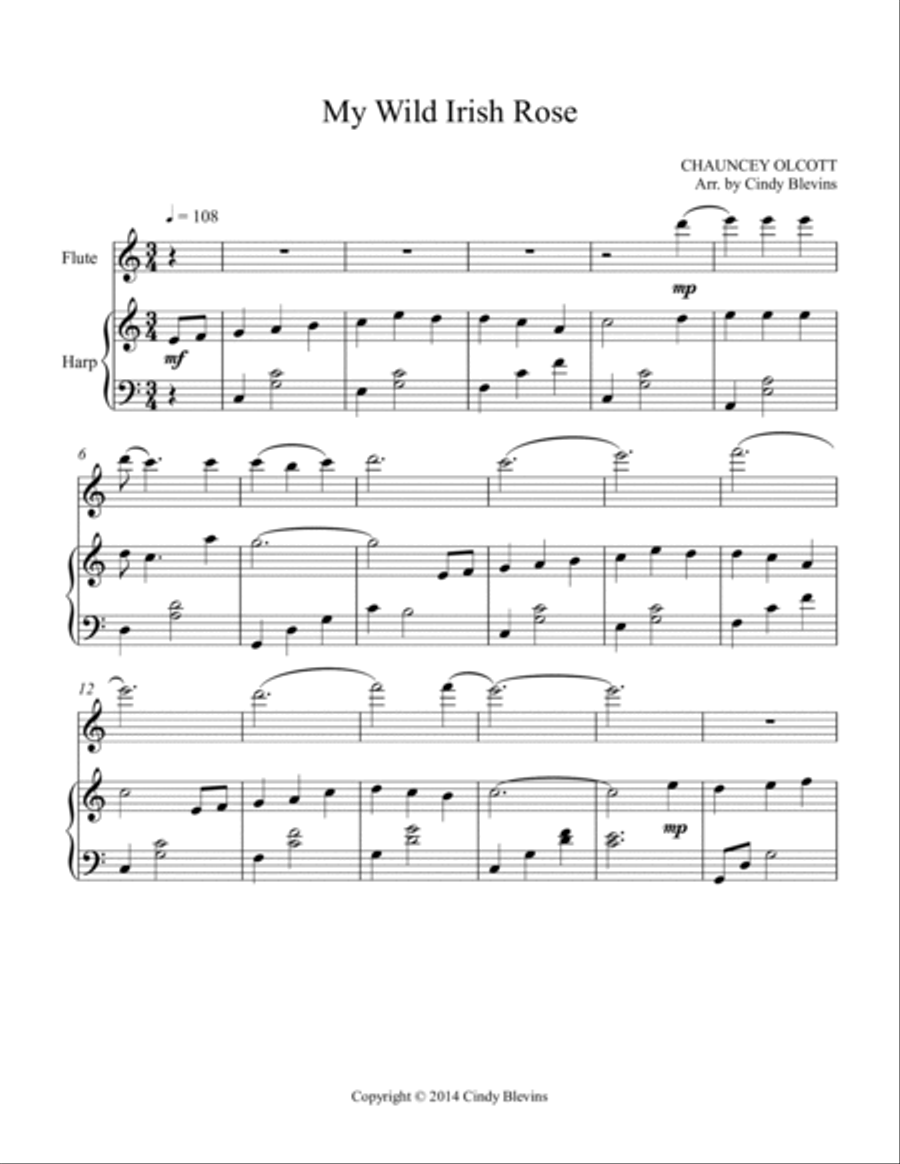 My Wild Irish Rose, arranged for Harp and Flute Flute scores gallery preview page 2