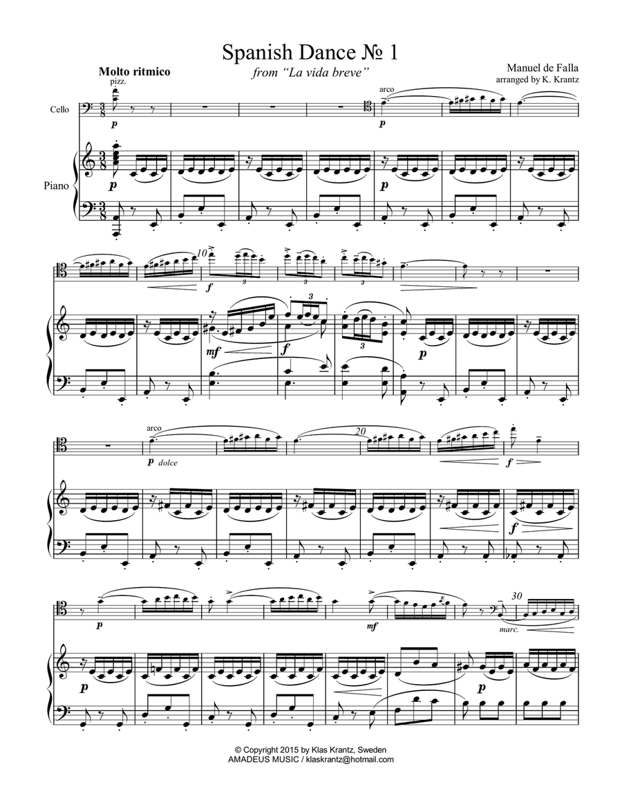 Spanish Dance No. 1, Danza from La vida breve for cello and piano Piano scores gallery preview page 2