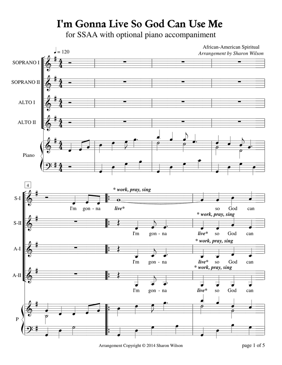 I'm Gonna Live So God Can Use Me (for SSAA a cappella Quartet with optional piano accompaniment) SSAA scores gallery preview page 4