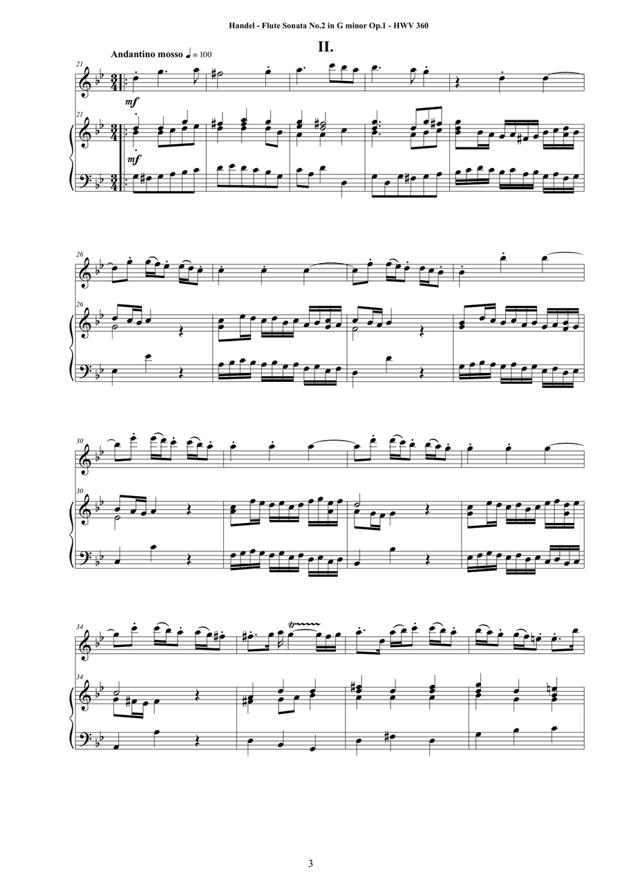Handel - Flute Sonata No.2 in G minor Op.1 HWV 360 for Flute and Harpsichord or Piano Flute scores gallery preview page 3