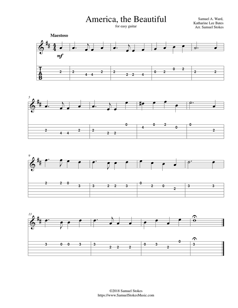 America, the Beautiful (O Beautiful for Spacious Skies) - for easy guitar with TAB image number null