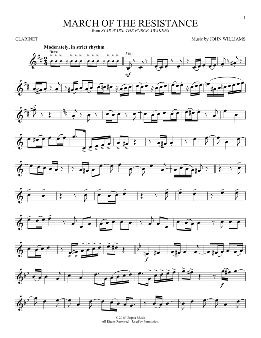 March Of The Resistance (from Star Wars: The Force Awakens) Clarinet Solo scores gallery preview page 1