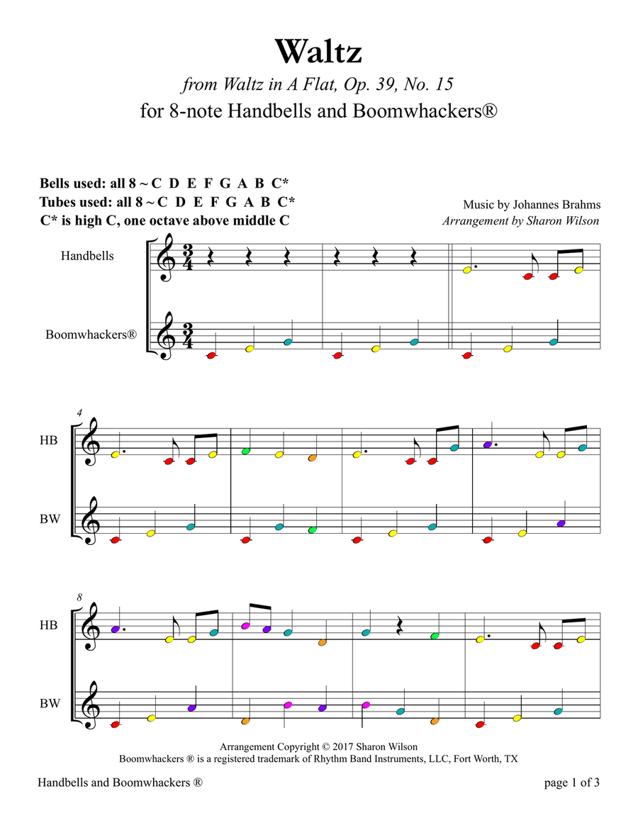 Waltz for 8-note Bells and Boomwhackers® (with Color Coded Notes) Handbell Choir scores gallery preview page 4