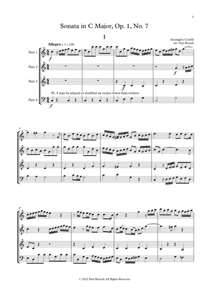 Sonata in C Major, Op. 1, No. 7, arranged for instruments in four parts image number null