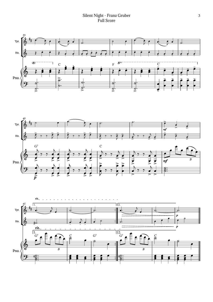 Silent Night for Trumpet and Horn Duet with Piano Brass Duet scores gallery preview page 3