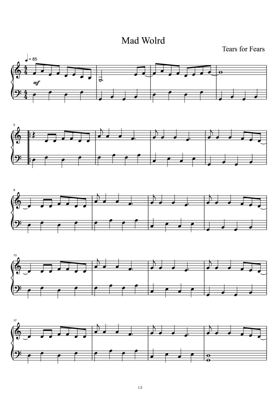 Mad World Piano Solo scores gallery preview page 1