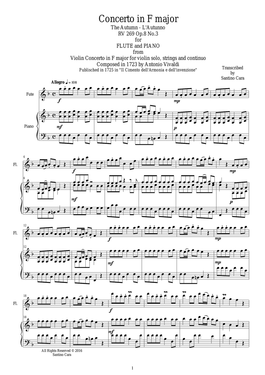 Vivaldi - Concerto in F major 'Autumn' RV 293 Op.8 No.3 Flute and Piano Flute Solo scores gallery preview page 1