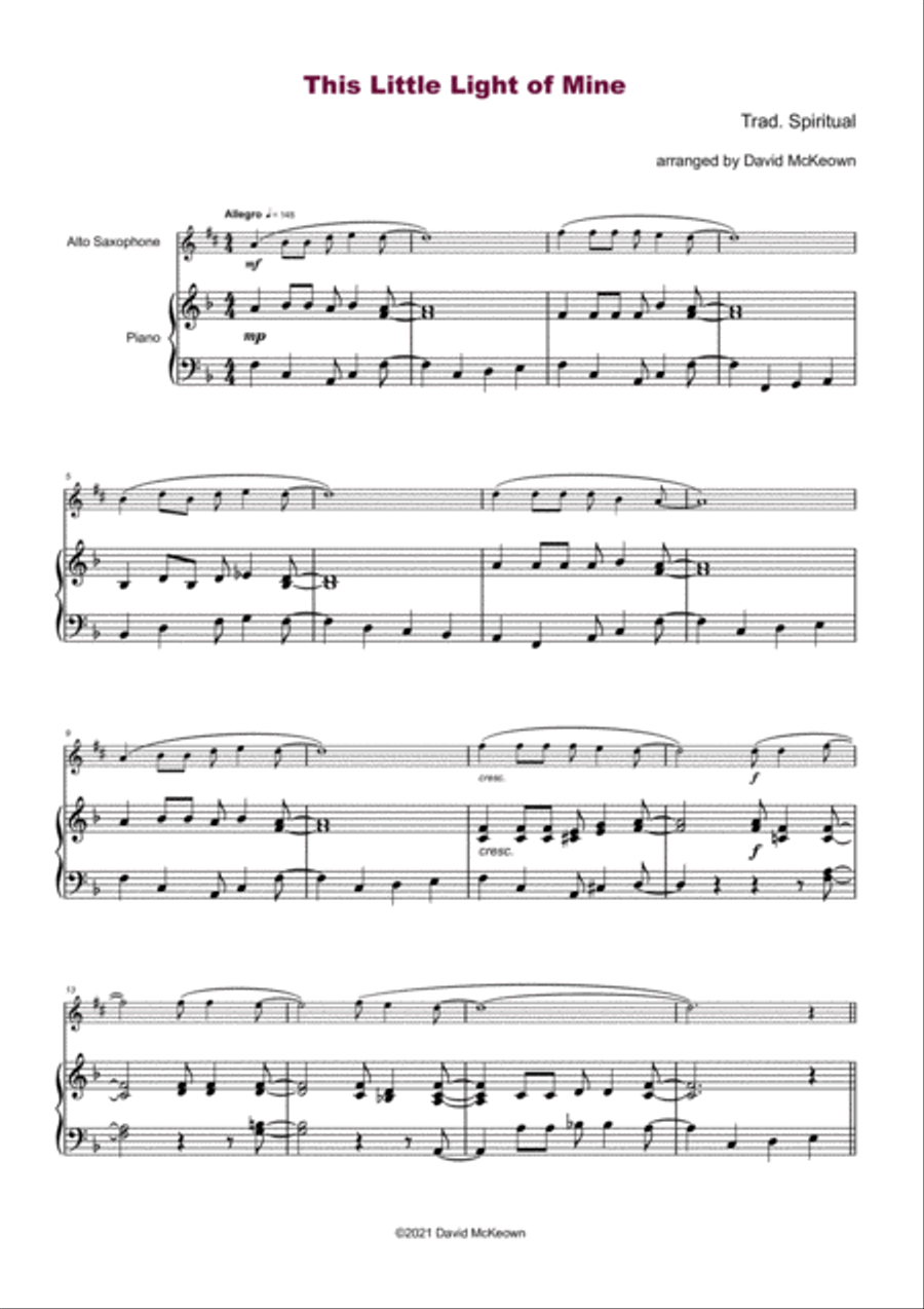 This Little Light of Mine, Gospel Song for Alto Saxophone and Piano Alto Saxophone scores gallery preview page 2
