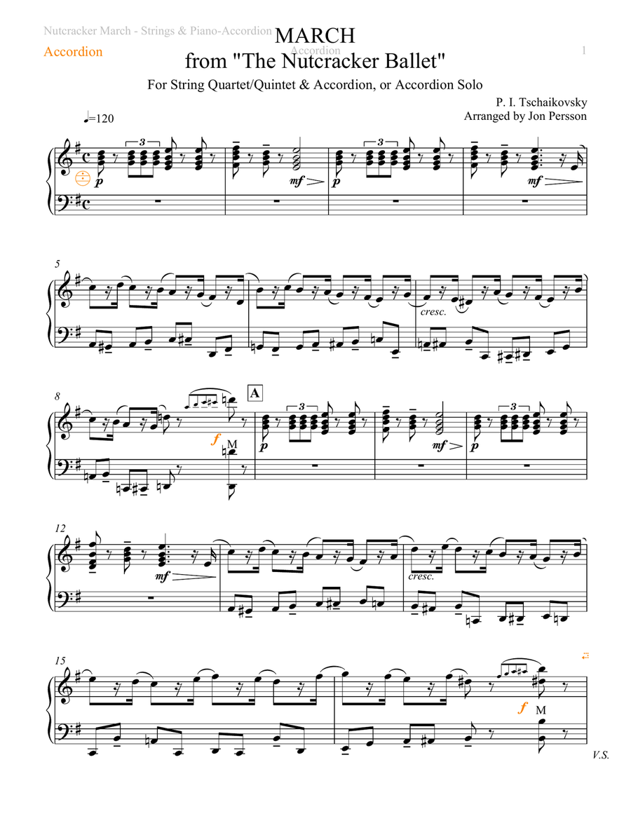 Nutcracker Ballet - March for Solo Accordion (can also be played with string ensemble) Accordion scores gallery preview page 1