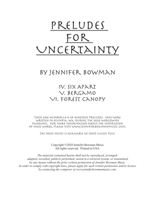 Book cover for Preludes for Uncertainty IV - VI (Six Apart, Bergamo, Forest Canopy)