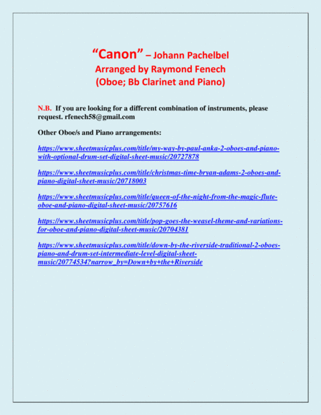 Canon - Johann Pachebel - Oboe; Bb Clarinet and Piano - Intermediate Level image number null