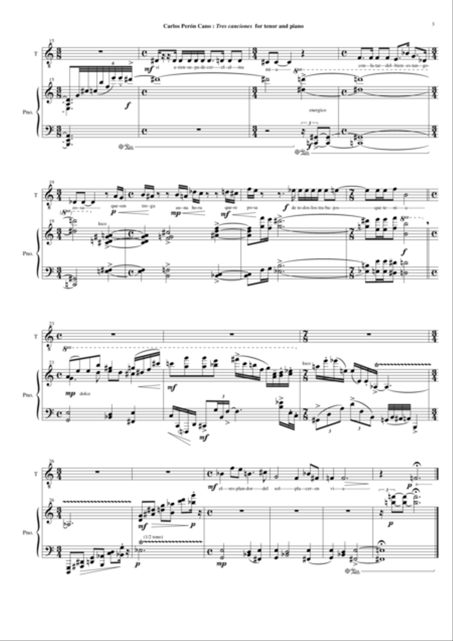 Carlos Perón Cano:: Tres canciones for tenor and piano Tenor Voice scores gallery preview page 3