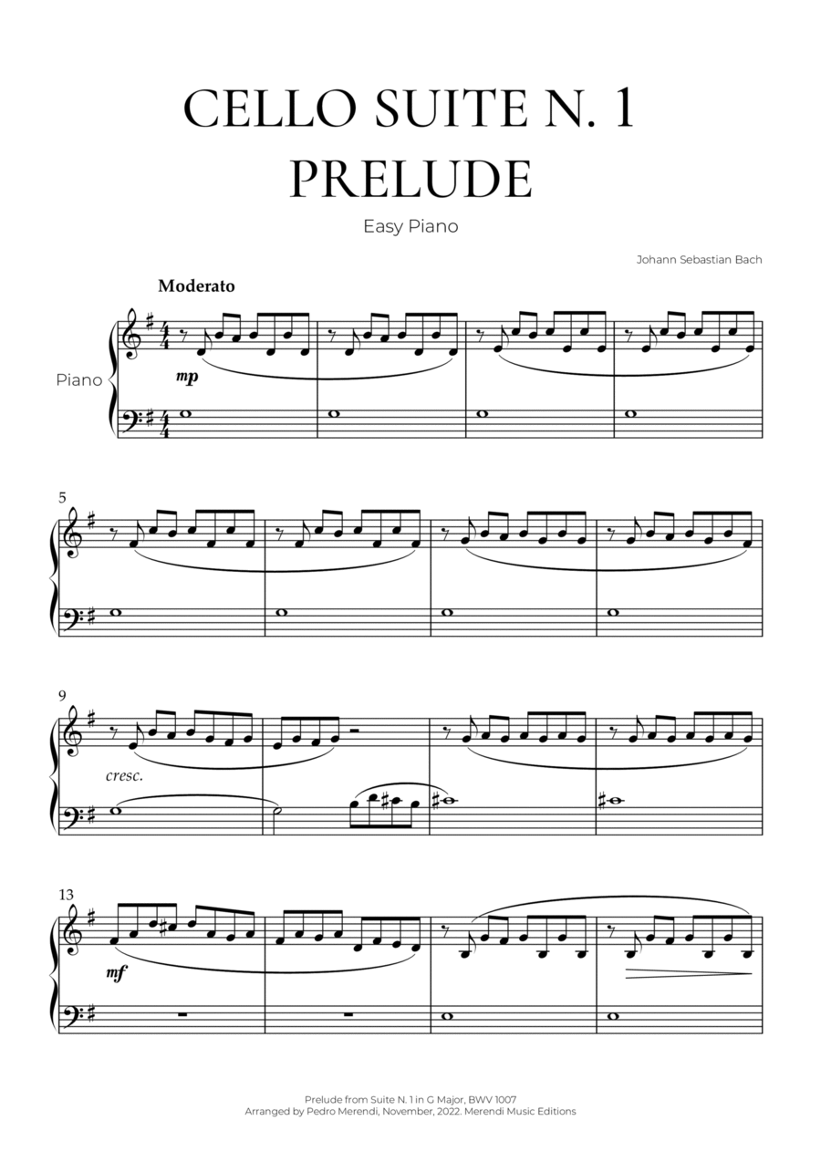 Cello Suite N. 1 in G Major, Prelude (Easy Piano) - Bach Cello scores gallery preview page 1