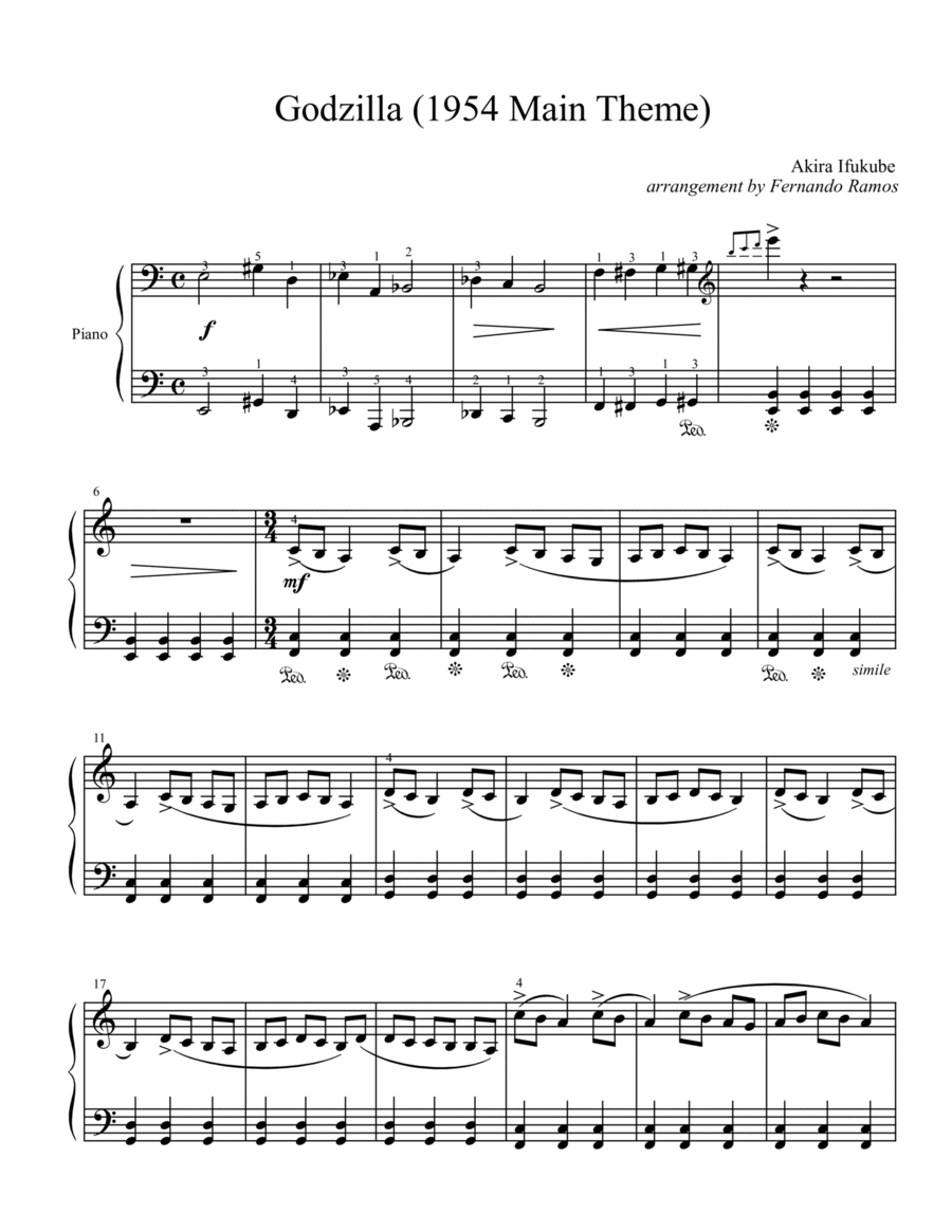 Godzilla Main Title (godzilla 1954) Easy Piano scores gallery preview page 1